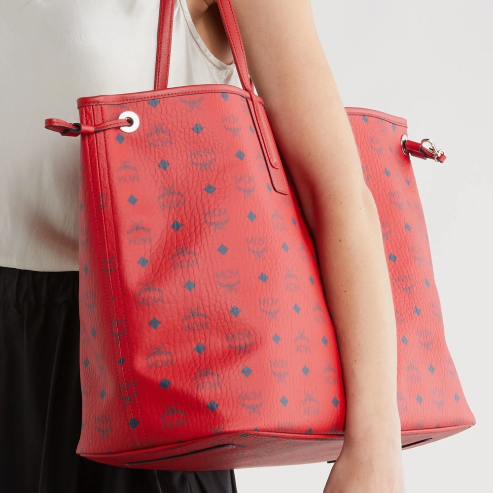 NWT🎒AUTHENTIC🎒XLARGE #MCM #LIZ 🔁REVERSIBLE #VISETOS #SHOPPER TOTE RUBY RED🎒